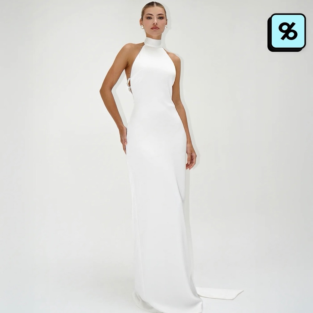 Elegant Backless White Gown- Bride, Wedding, Rehearsal Dinner